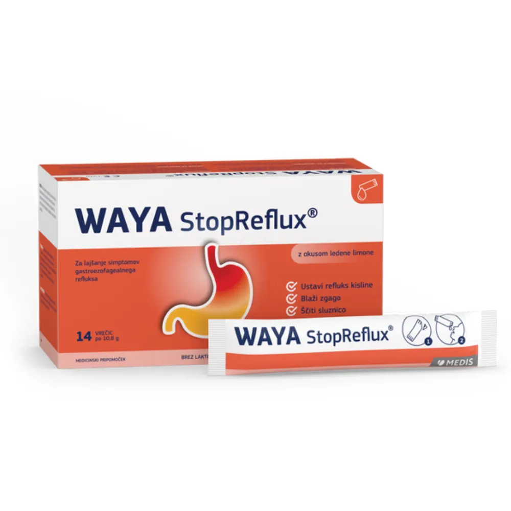 Waya StopReflux, tekoča peroralna suspenzija za lajšanje simptomov gastroezofagealnega refulksa - vrečke (14 vrečk)